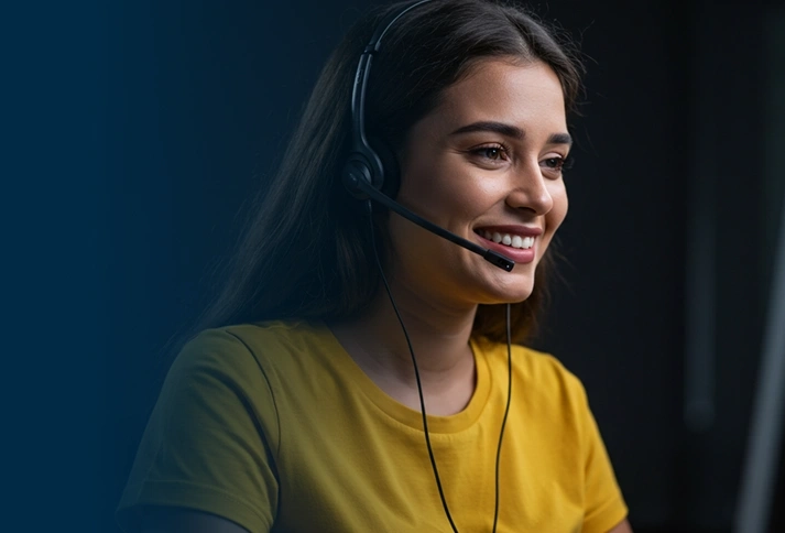 Mulher com uma blusa amarela e fone de ouvido sorrindo